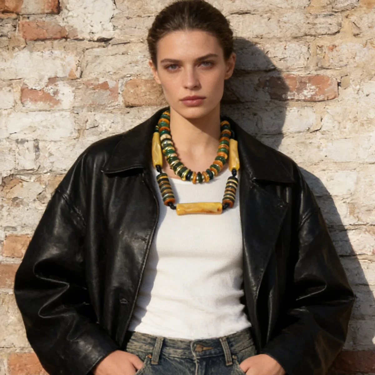 European and American style retro trendy geometric beaded CCB double-layer fashion casual women's necklace, jewelry