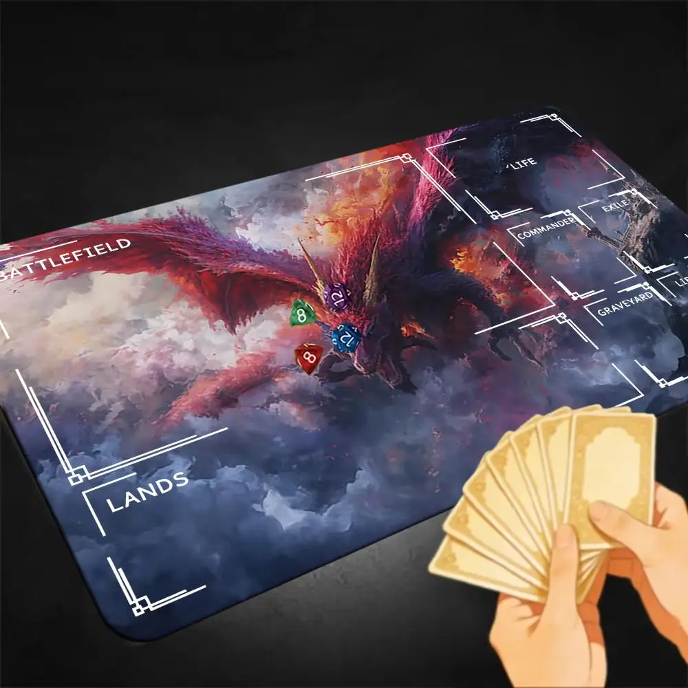 Fiery Red Crimson Fire Dragon TCG Commander Playmat With Zones, Cloud Storm Fantasy Dragon Trading Card Game Mat Non-Slip Rubber
