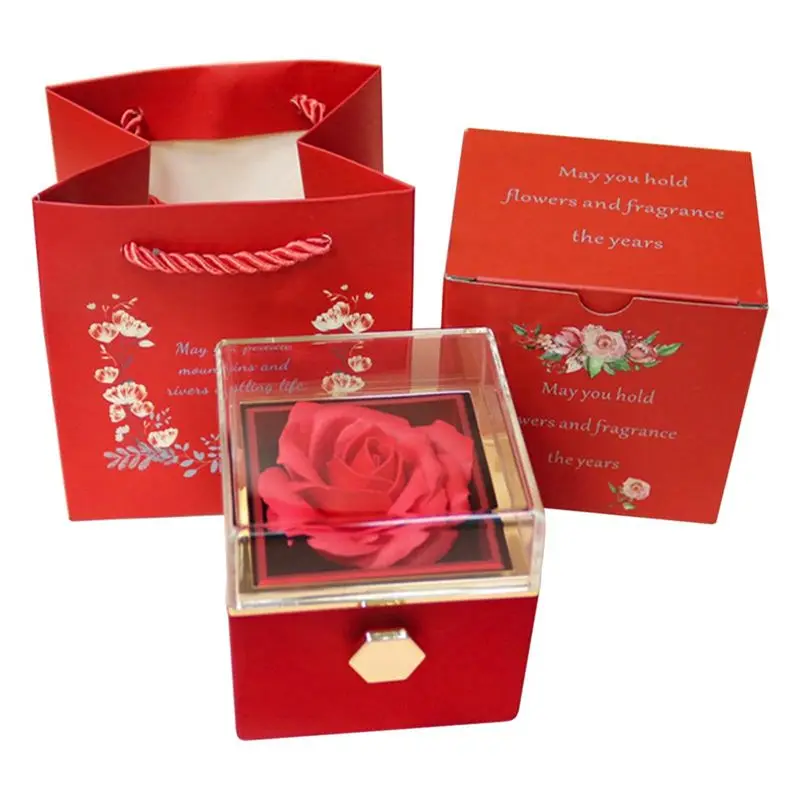 CYCLI-Velvet Jewelry Box Eternal Rose Jewelry Box Rotates 360° Valentine's Day Mother's Day For Romantic Gifts Red
