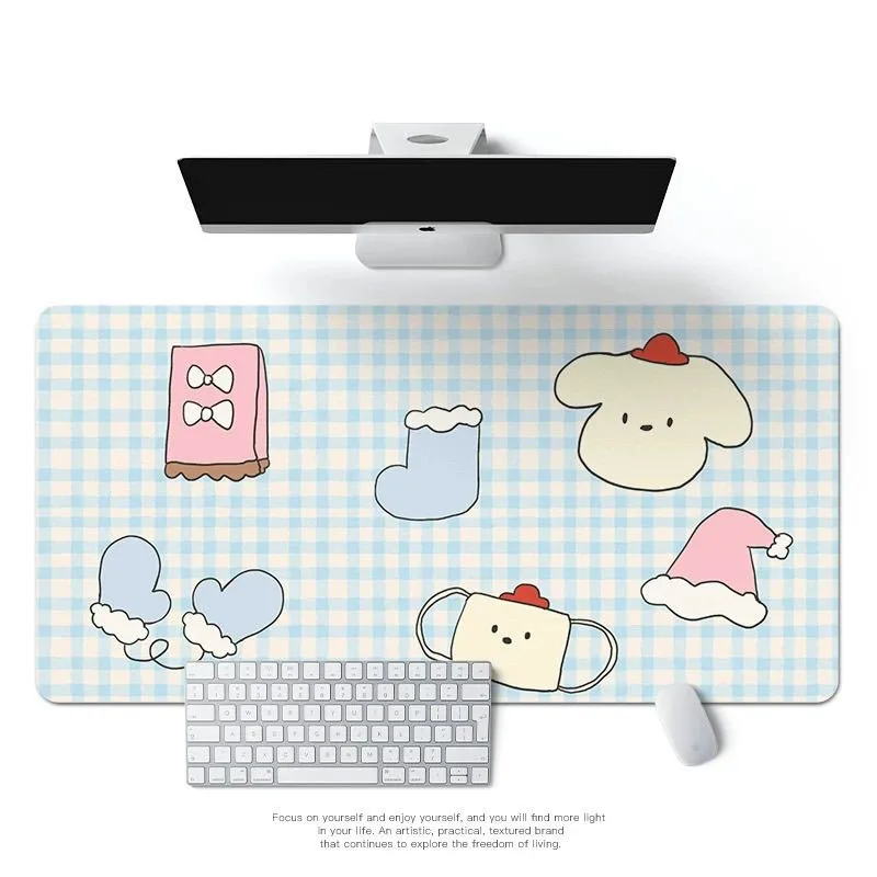 Cute Cartoon Grid Cat Dog Pu Leather Mouse Pad Waterproof Desk Mat Y2K Protective Game Keyboard For Dorm Vanity Table Mat Decor