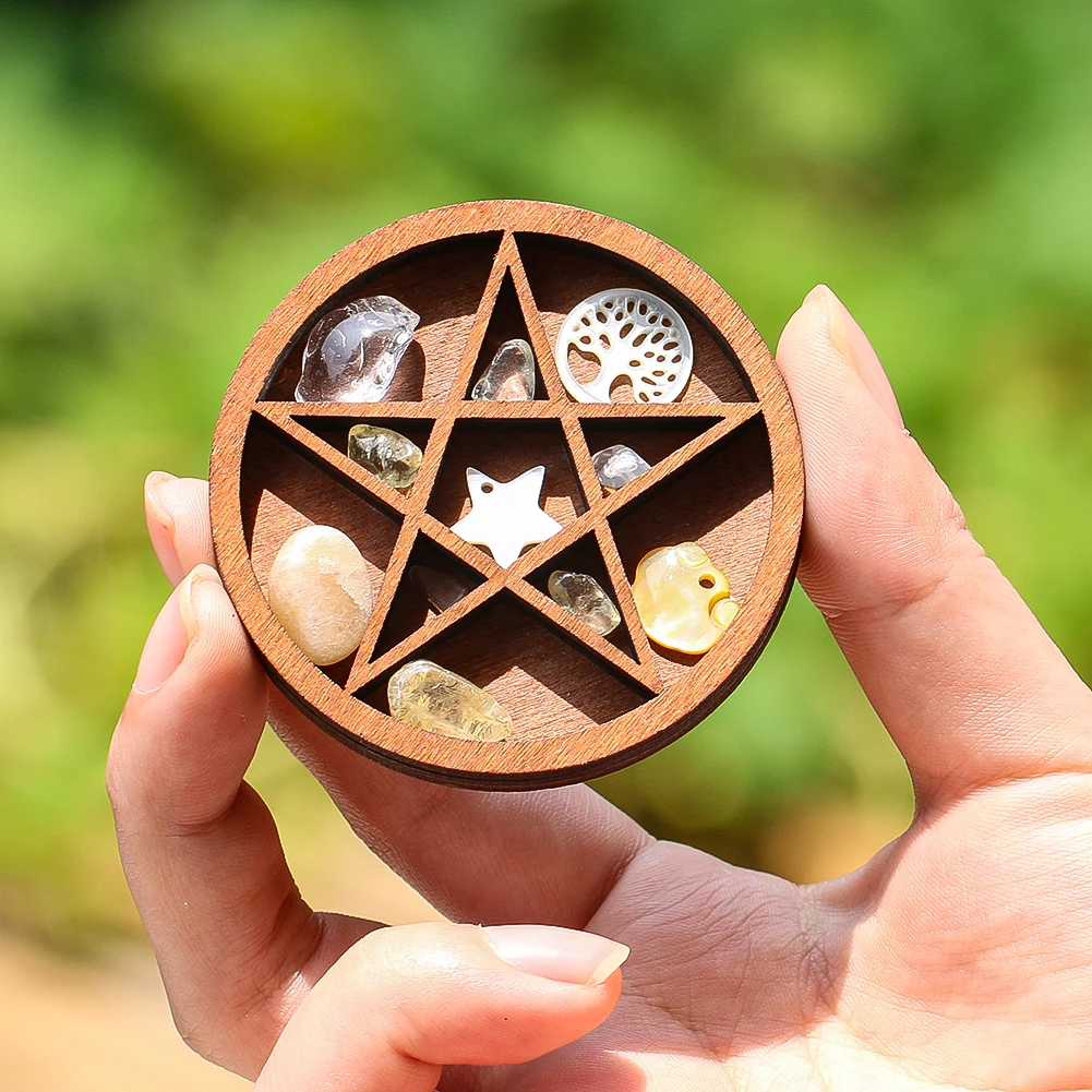 

Round Wooden Pentagram Desktop Miniature Ornament Model Crystal Aromatherapy Jewelry Storage Base Home Atmosphere Decorations