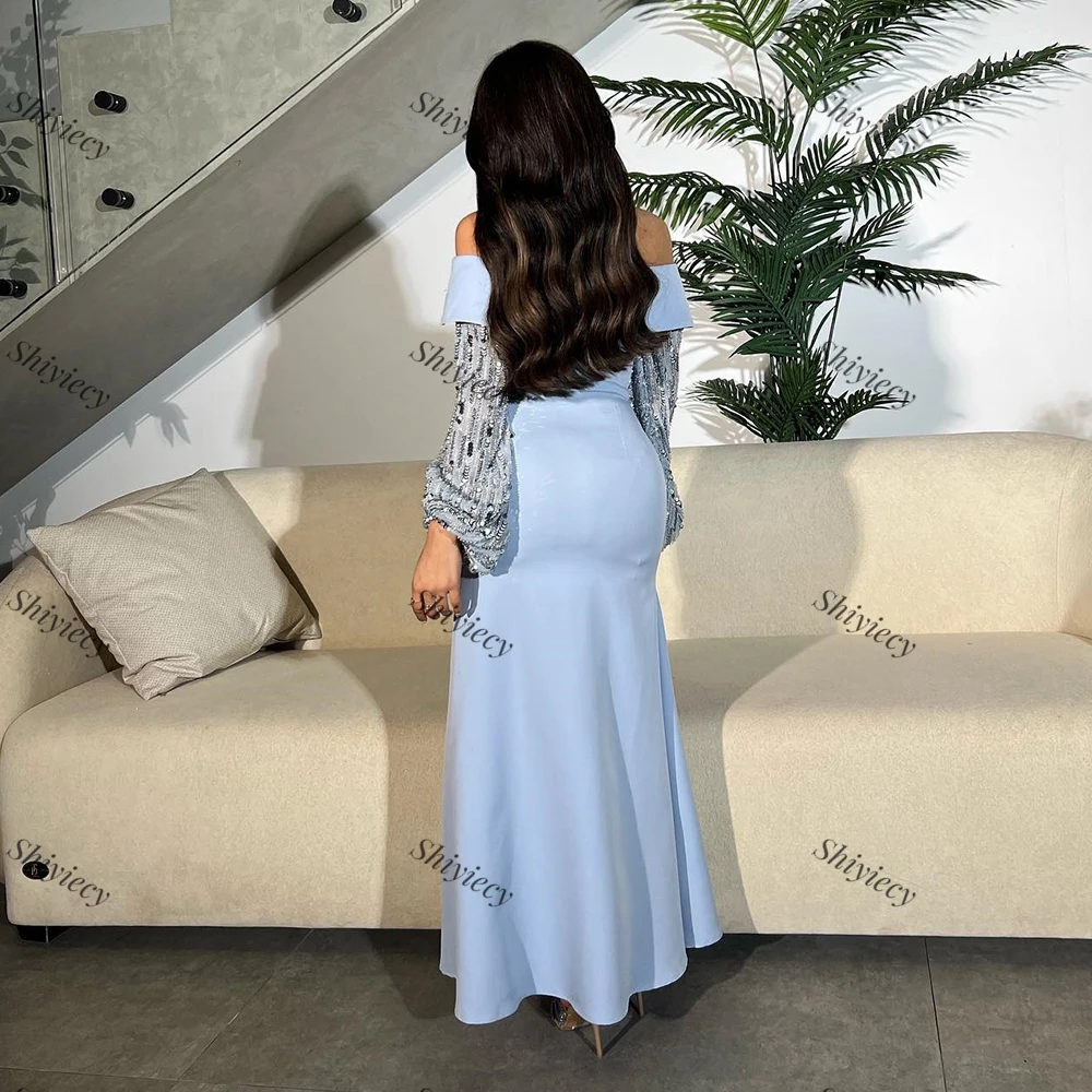 Sky Blue Off the Shoulder Jersey Evening Dress Saudi Arabia Straight Boat Neck Beading Long Sleeves Prom Gowns Vestido De Festa