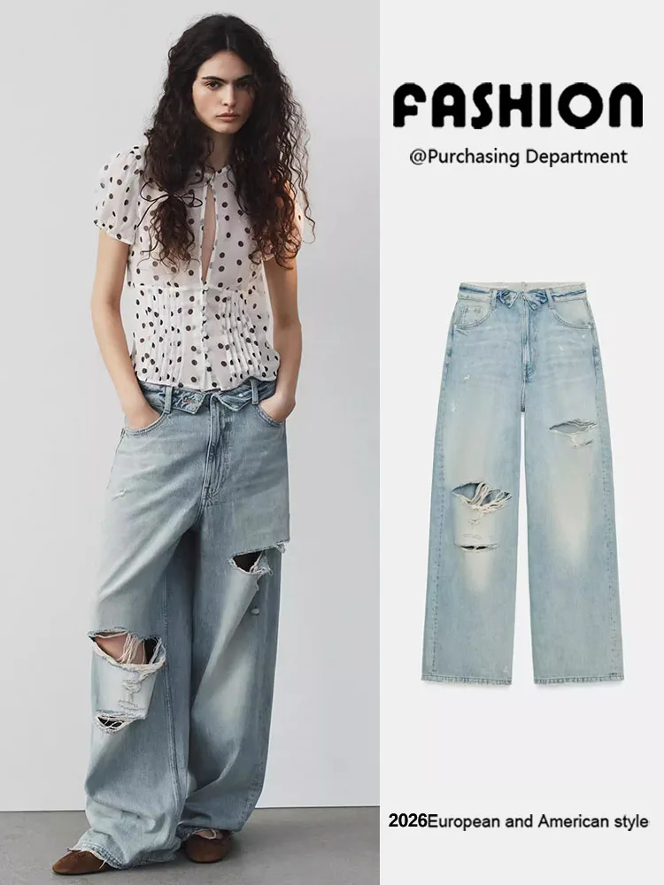

Spring New Arrival Women's Fashionable Versatile Slimming Mid-Waist Casual Cuffed Ripped Denim Jeans 5252014 Long Pants