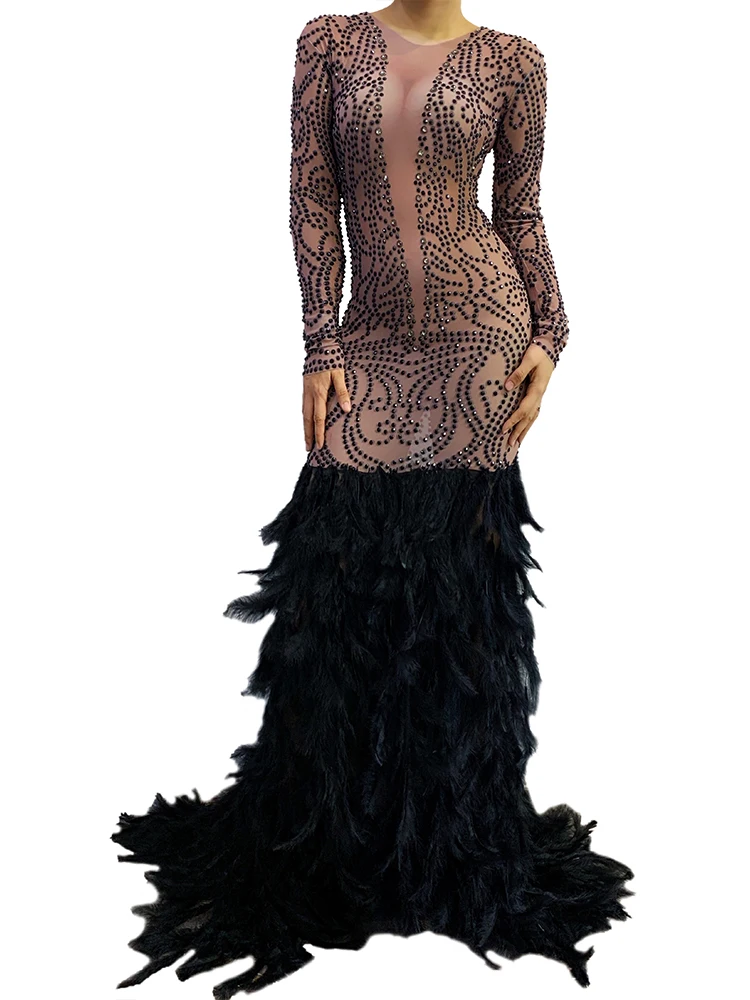 High Quality Rhinestone Black Feather Spliced Elastic Dress 2024 New Fashion Custom Women'S Dress