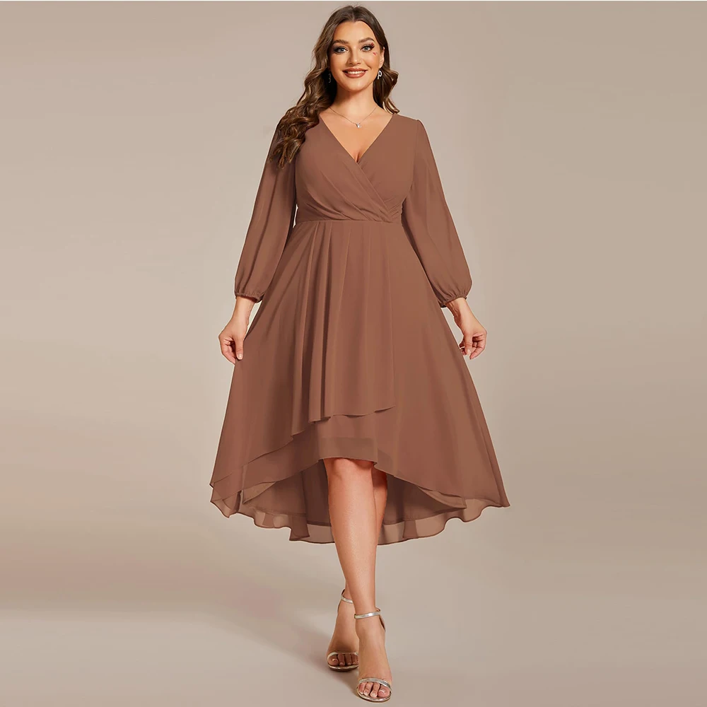 

Customized Exquisite Mother of The Bride Dress Women's A Line V Neck Chiffon Midi Semi Formal Wedding Guest Dresses with Sleeves