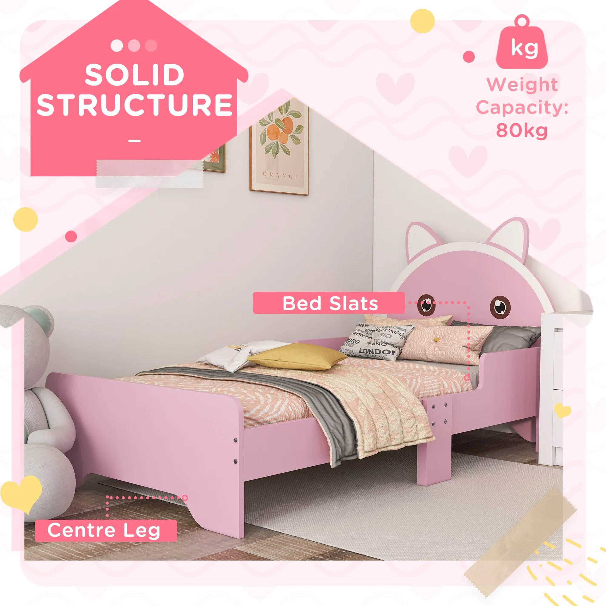 ZONEKIZ Toddler Bed Frame, Kids Bed Cat Design Princess Bed with Guardrails, for 3-6 Years Old, 143L x 74W x 72Hcm - Pink