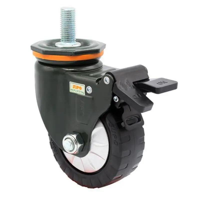Polyurethane Swivel Caster, Threaded Stem, Dual Brake, High Load Capacity, 4 in, M16 × 35, 1 PC