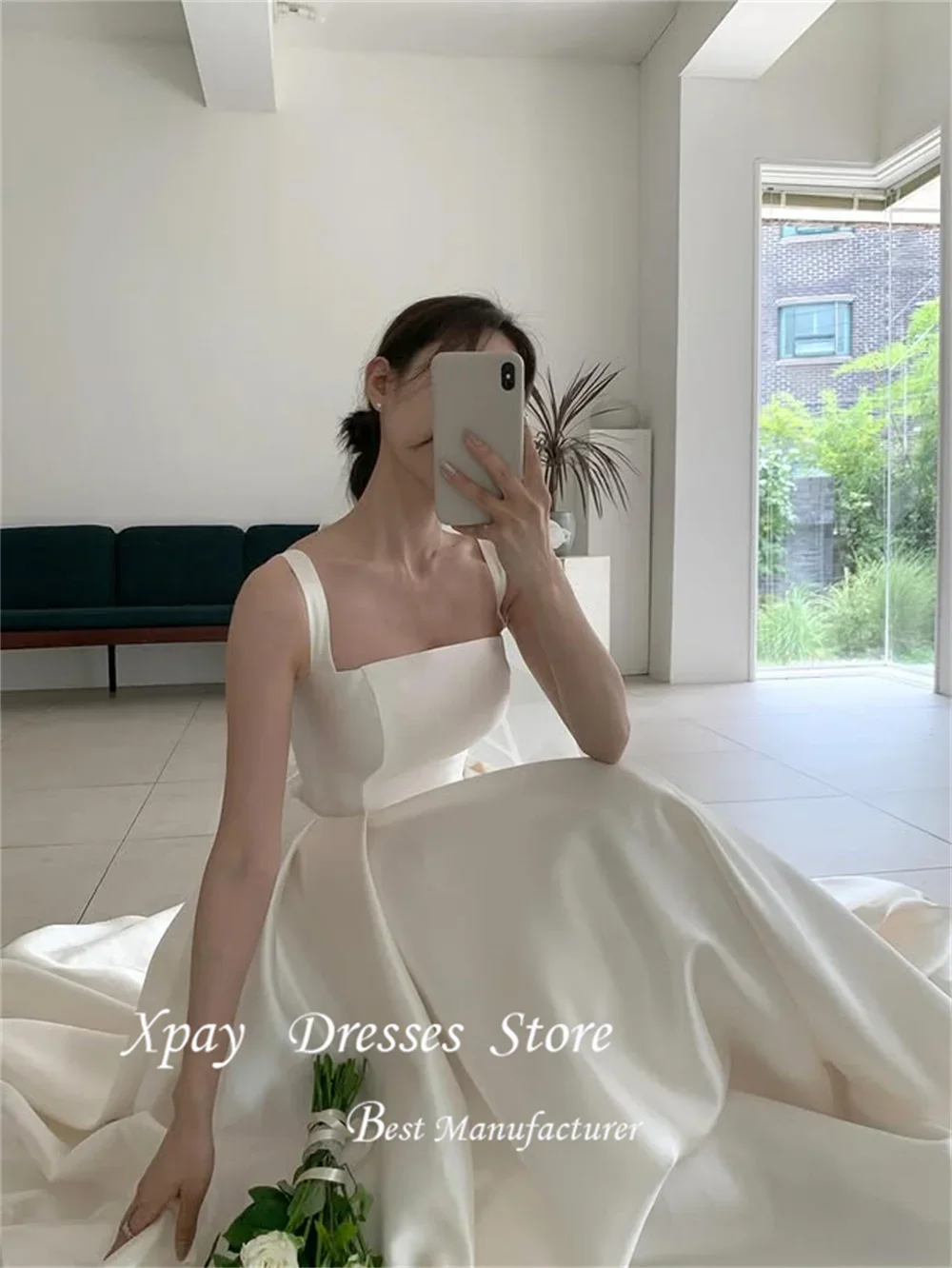 ZHIO Simple Square Collar Korea Wedding Dresses Straps A-line Bridal Gown Photo Shoot Customized Backless Bride Dress 웨딩드레스