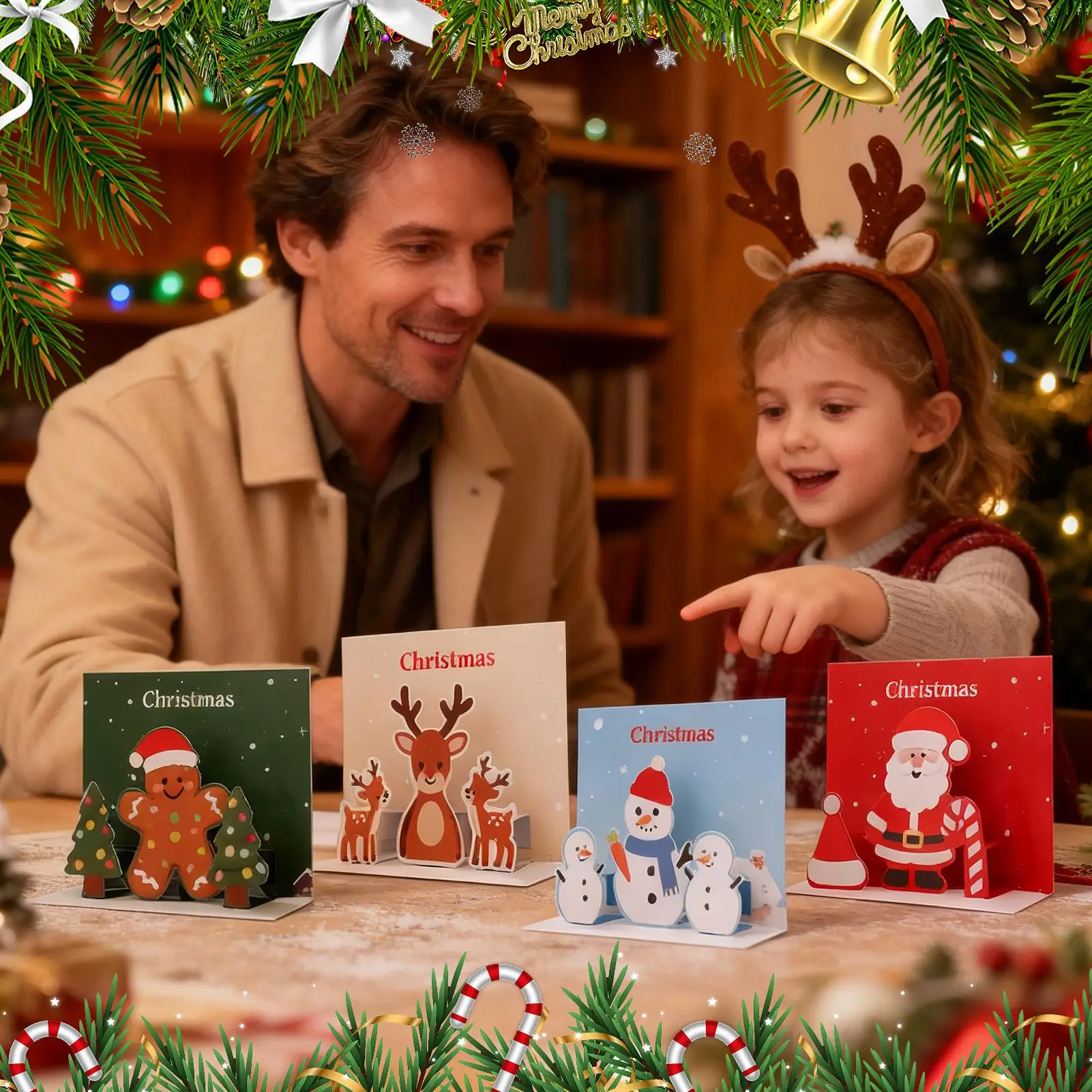 عيد ميلاد سعيد بطاقات 4 قطع سانتا الأيائل الزنجبيل رجل بطاقات ثلاثية الأبعاد عطلة ديكور ورقة الفن للأطفال الكبار الأصدقاء زملاء العمل #1