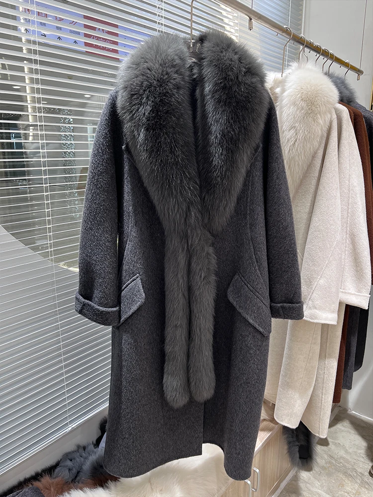 2024 New Fashion Long Women Wool Blended Coat With Big Real Natural Fox Fur Collar Coat Loose Winter Wool Jacket Outwear