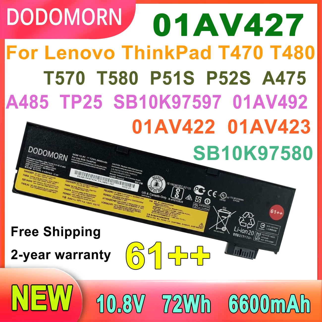 

Аккумулятор DODOMORN 01AV427 для ноутбука Lenovo ThinkPad T470 T480 T570 T580 P51S A475 TP25 Series, ноутбук 01AV422 SB10K97579 61 ++