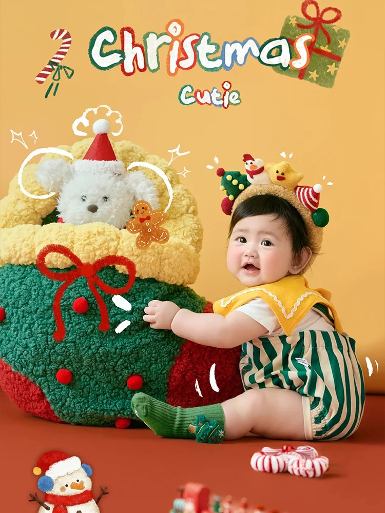 Newborn Christmas Posing Photography Props Xmas Elves Theme Outfit Festive Headband Gingerbread Doll Props for Baby Studio Photo