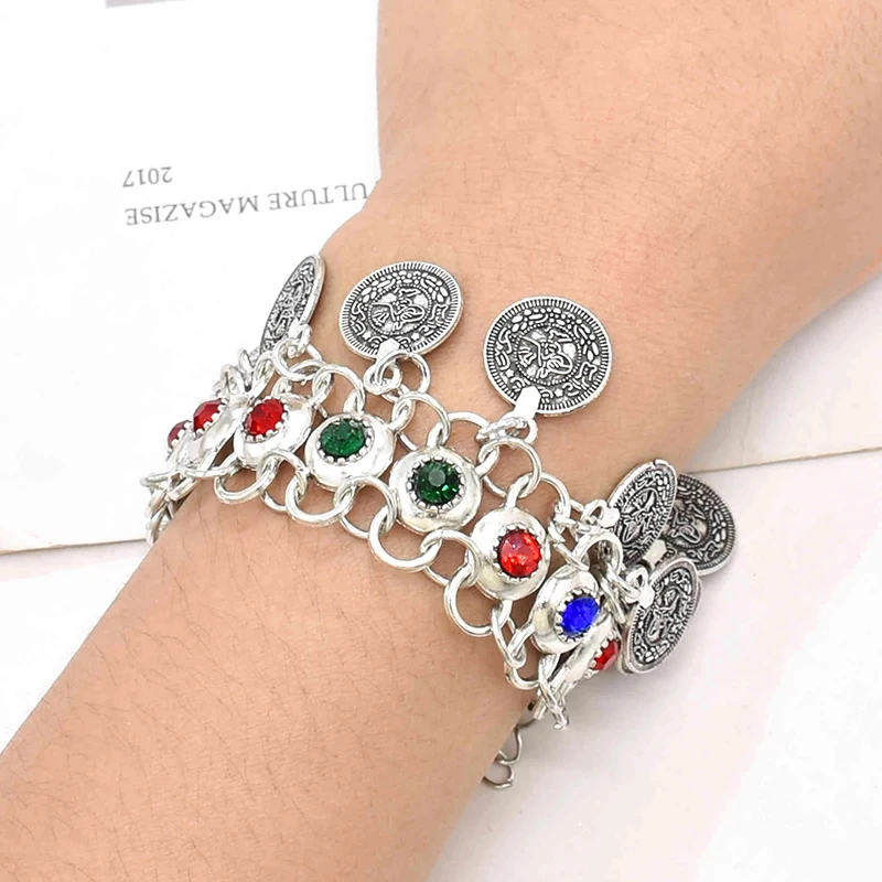 Colorful Rhinestone Women Bracelets Gypsy Vintage Coins Tassel Ethnic Adjusted Bracelets Retrro Bohemian Bracelets Female