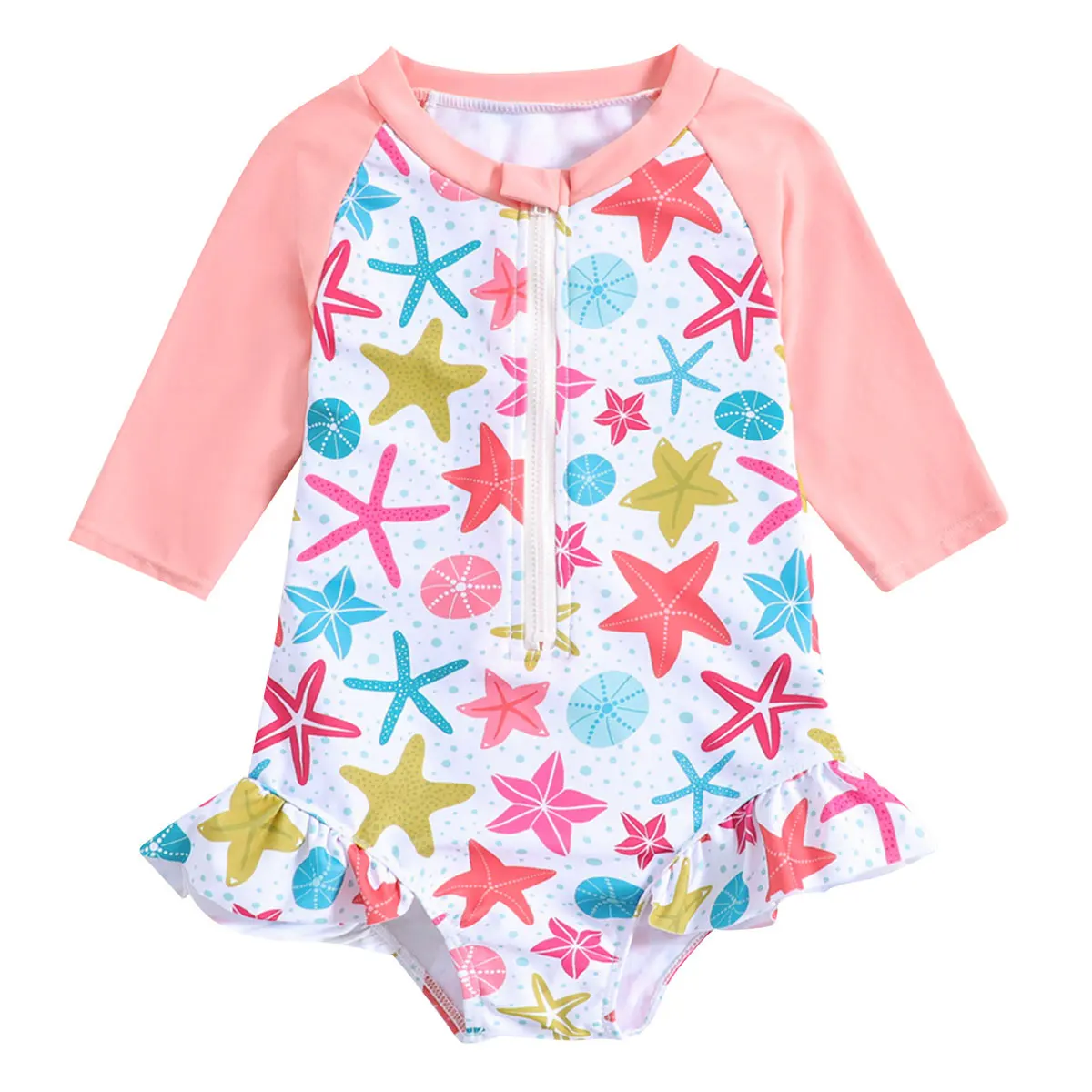 

1-6Y Girls One Piece Rash Guard Swimwear Ruffles Starfish Print Half Sleeve Sun Protection Beach Holiday Bathing Suits