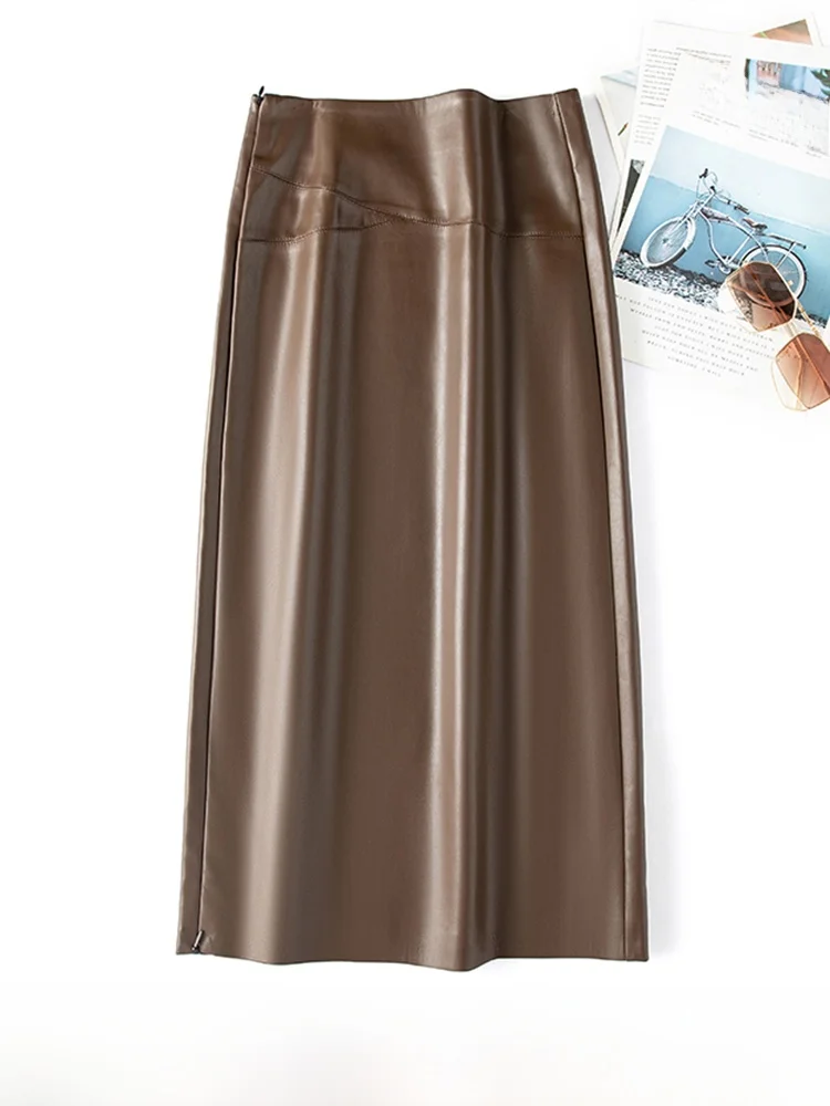 

Юбка из овчины длиной до колена с высокой талией, прямого кроя, с разрезом, из натуральной кожи, женская, повседневная, H-образная