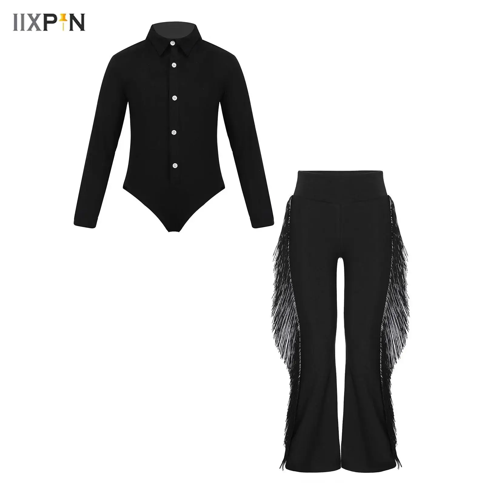 

Boys Latin Jazz Ballroom Dance Costume Outfit Long Sleeves Button Leotard with Tassels Bell-Bottom Pants for Gymnastics Bodysuit