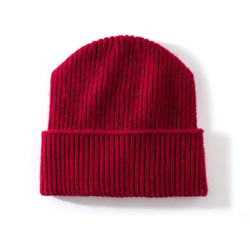 KOIJINSKY Unisex Autumn Winter 35% Cashmere 65% Merino Wool Vertical Rib Knit Beanie Solid Color Fold Cuff Elastic Soft Windproo