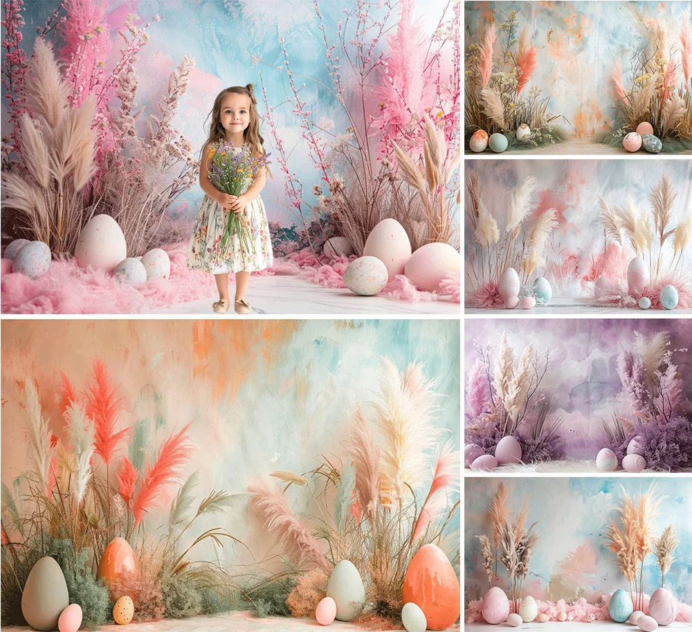 

Spring Easter Photography Background Boho Pampas Texture Wall Eggs Kids Birthday Cake Smash Portrait Decor Barkdrop Photo Studio