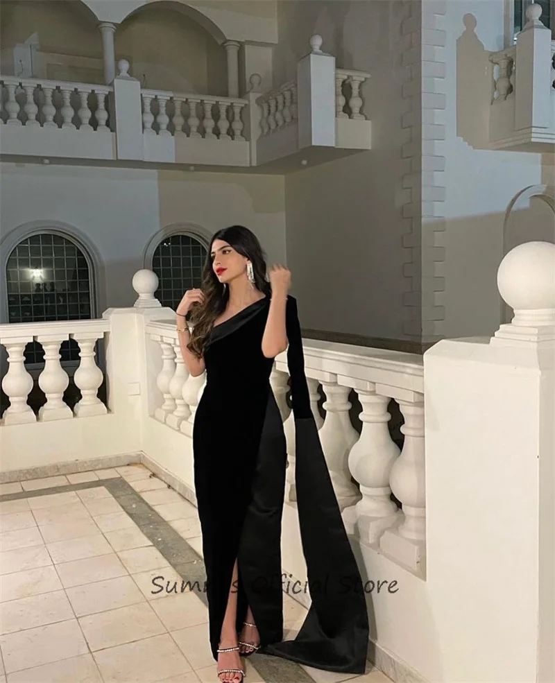 SUMNUS Simple Black Velvet Evening Dresses Dubai Arabic One Shoulder Split Cape Sleeve Ankle-Length Prom Gowns Women Customized