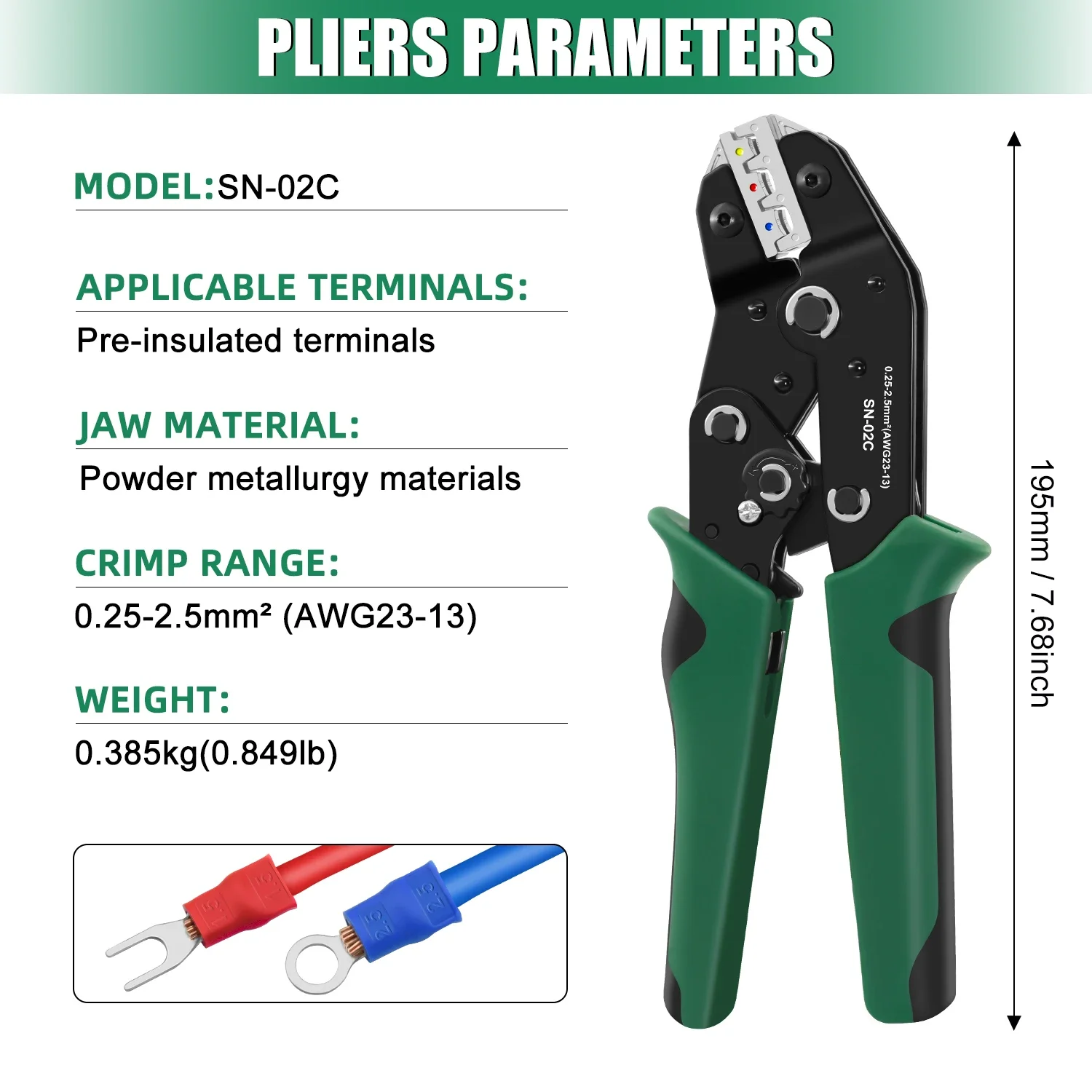أداة العقص SN-02C للكهرباء المعزولة -AWG 23-13 أدوات المكشكش السقاطة - كماشة تجعيد الأسلاك - للموصلات المعزولة #2