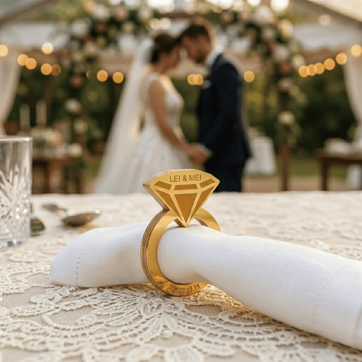 10 pcs Customized Name and Date Gold Mirror Wedding Napkin Ring, Wooden Diamond Ring Napkin Holder, Wedding Table Decoration