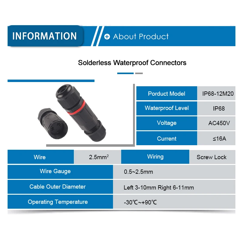 IP68 Waterproof Cable Connector 3 Pin Screw Fixation Sealing Connection Adapter Wire Extender Accessories Outdoor Rain Proof