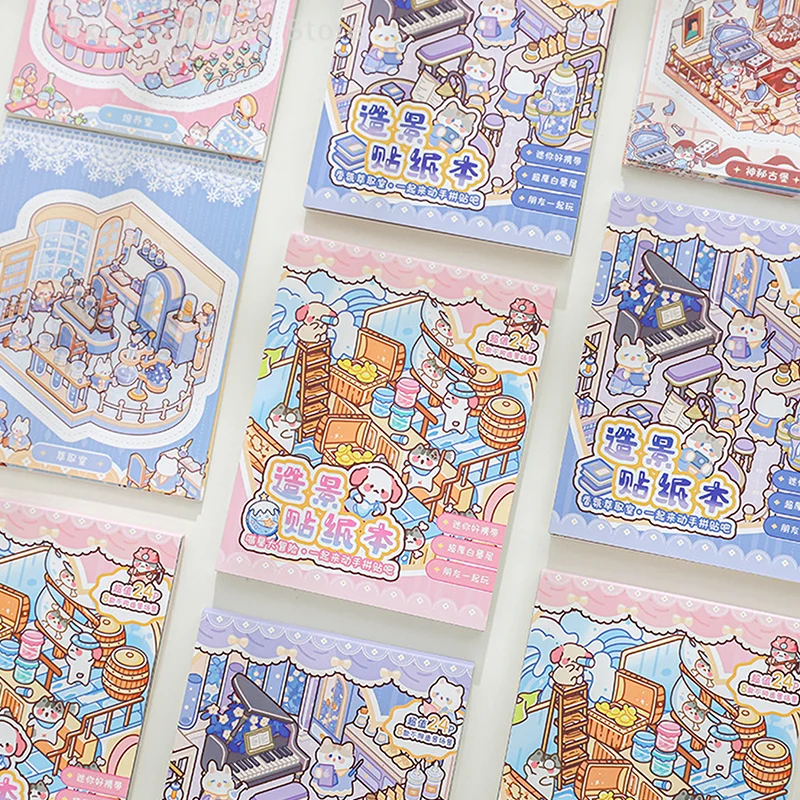24Pcs/bag Zoo Small Group Meow Meow Adventure Series Scenery Sticker Book Three-dimensional Scene Miniature Sticker Handbook DIY