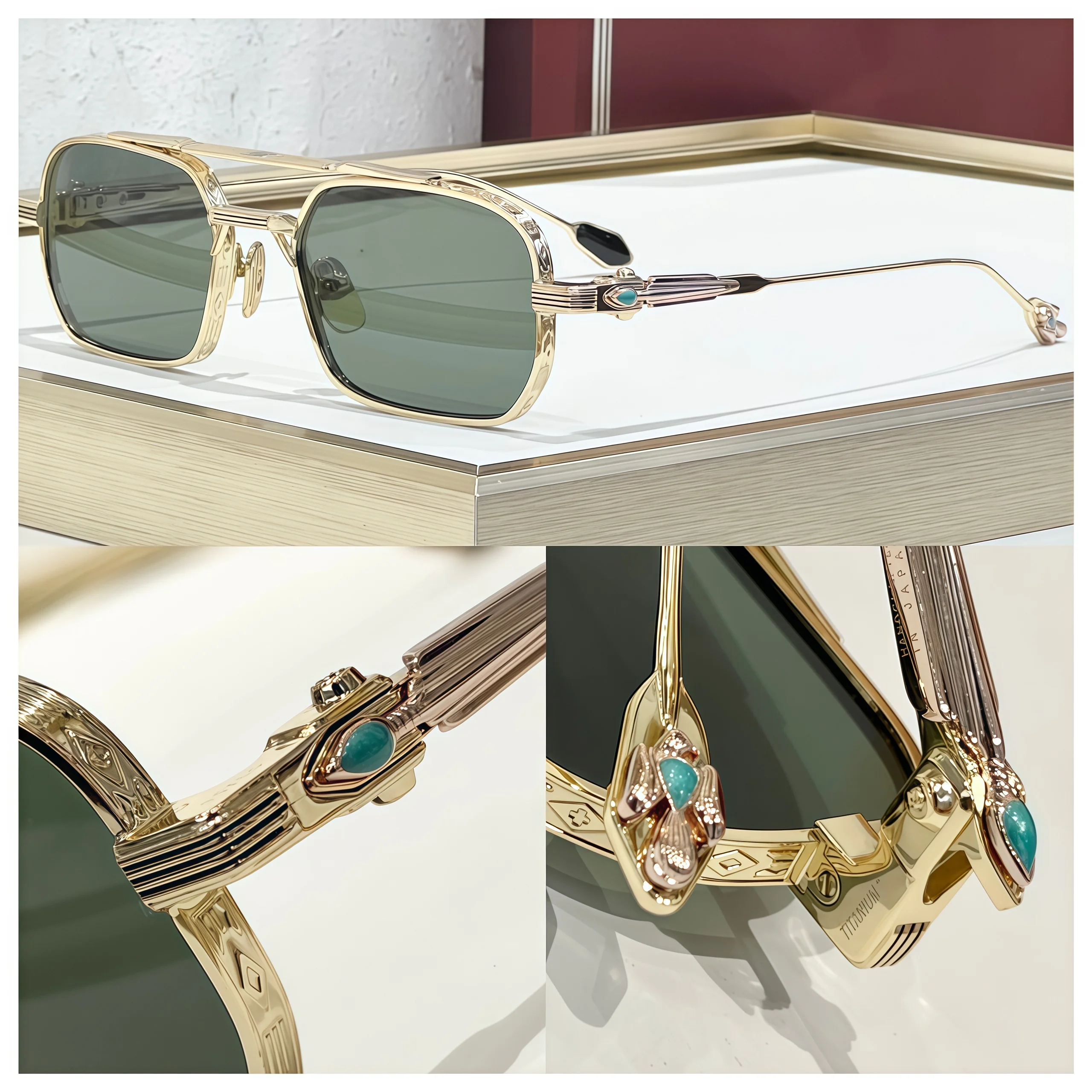 JMM Deaver Luxus-Sonnenbrille, handgefertigt, mit Edelstein-Inlay, Retro-Aviator, UV400, für Männer und Frauen