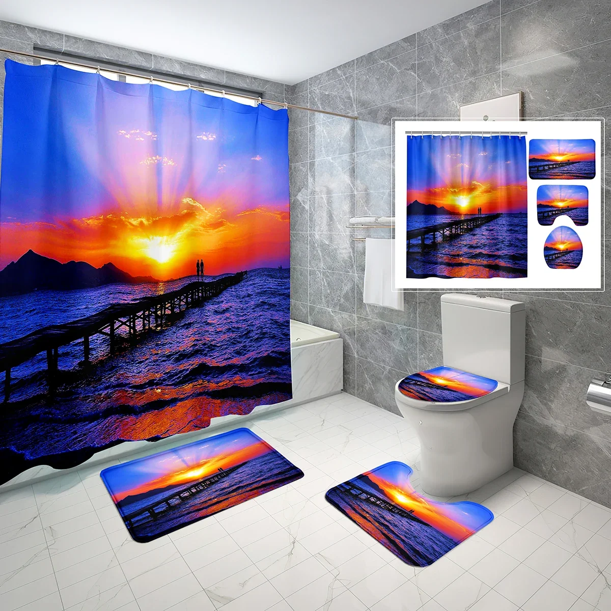 4PCS Beach Shower Curtain Sets Sunset Ocean Summer Holiday Bathroom Waterproof Bath Curtain Non-Slip Bath Mat Toilet Lid Cover