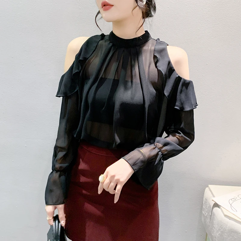 Sexy See-through Top Dames Herfstmode Europese Stijl Lange Mouw Kant Zoom Basic Jurk Zwart Trendy T-shirt