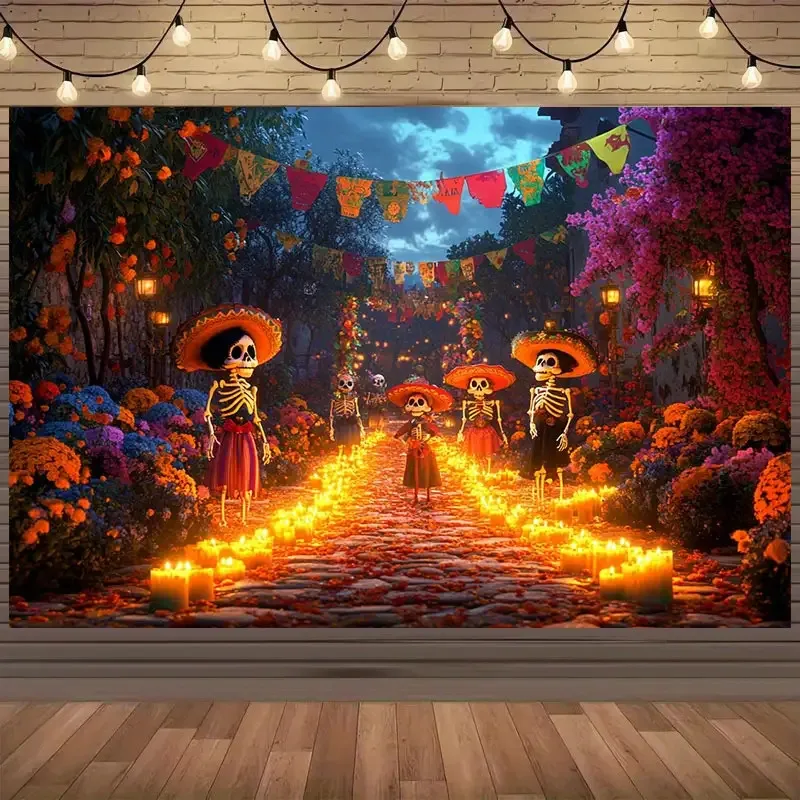 1 tela de fondo mexicana del Día de los Muertos con esqueletos, patrones de flores y recortes de papel, decoraciones coloridas para fiestas