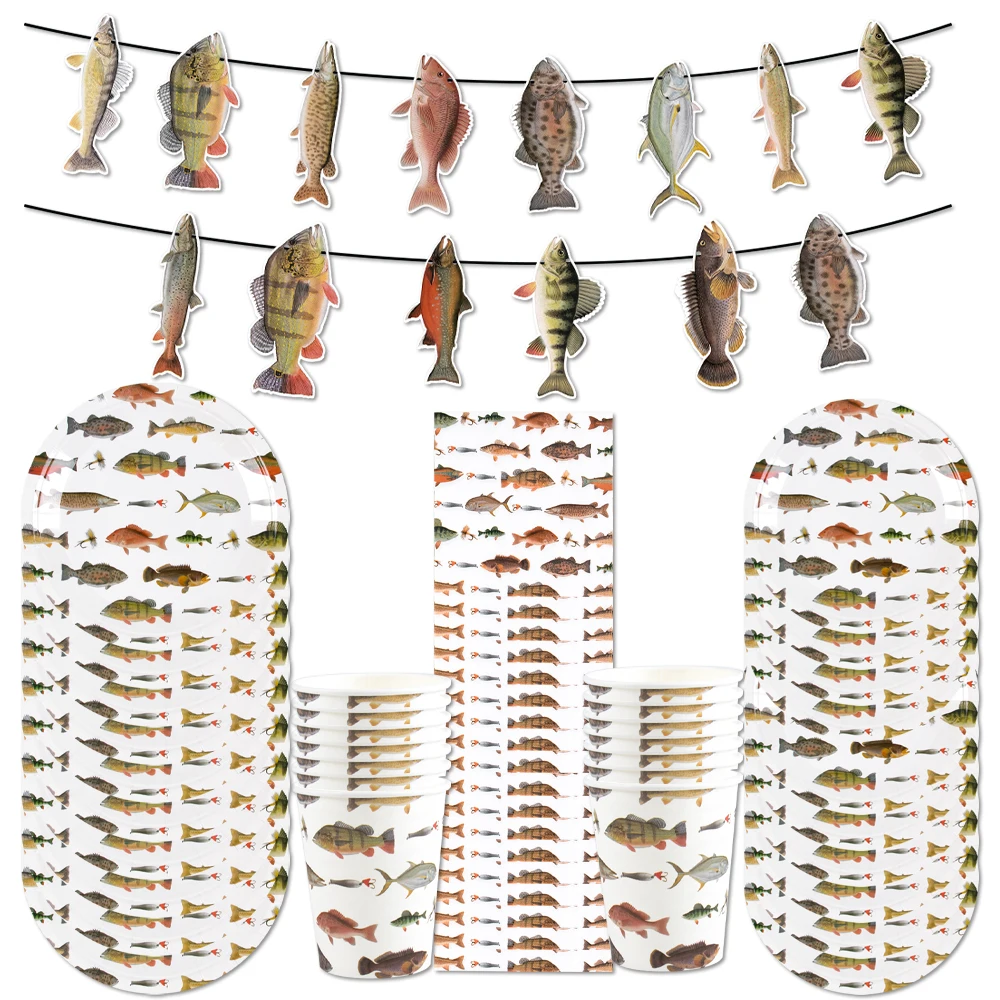 Fishing Themed Party Disposable Tableware Set Paper Plate Cup Napkin Tablecloth Banner Birthday Weedding Party Tableware Supplie view 2