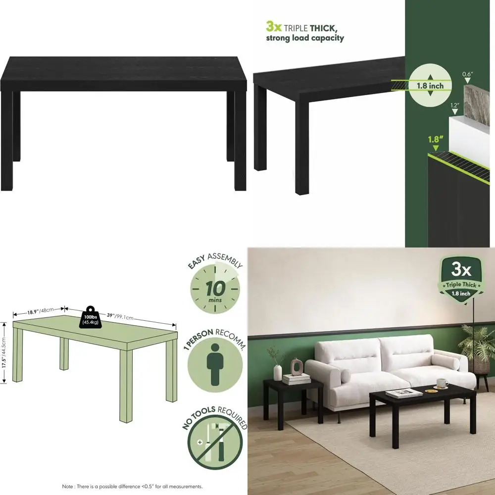 

Elegant Triple Thick 1.8 Coffee Table, Ideal for Side or Living Room, Black