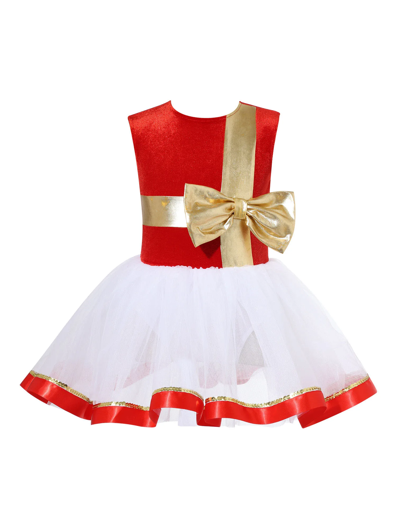 Kids Girls Christmas Dance Dress Santa Claus Costume Velvet Sleeveless Ballet Tutu Dress Leotard Figure Ice Skating Dress