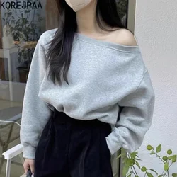 Korejpaa Spring French Style Hoodies Women Diagonal Collar Irregular Off Shoulder Versatile Long Sleeve Top Sweatshirt Outwear