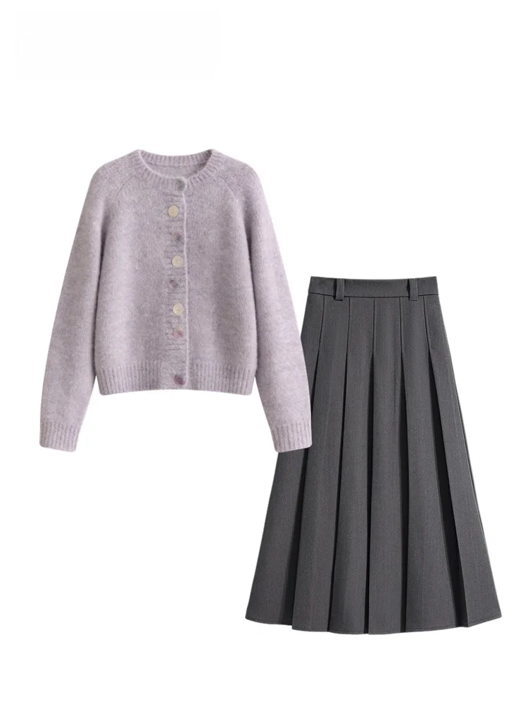 

Cara CLUB plus Size Knitwear Set Women's Autumn Winter Long Sve Pleated Suit Dr Casual Loose Sle round Ne Single Bu...