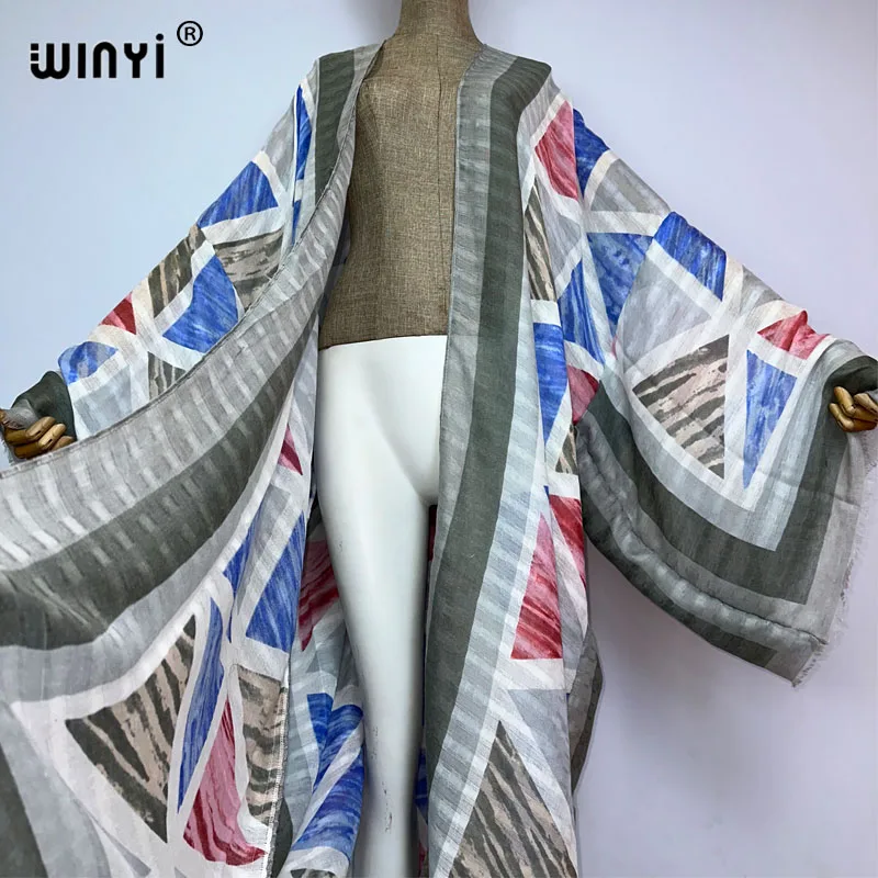 WINYI Women Casual African new fashion Kaftan Bohemia print manica lunga beach Boho long Cardigan Cover-up Summer Kimono Dress