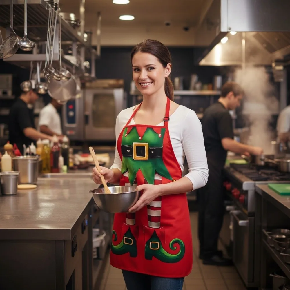 4PCS Unisex Christmas Elf Aprons Stain-resistant Decorative Kitchen Cooking Aprons Waterproof Christmas-Themed Apron Baking