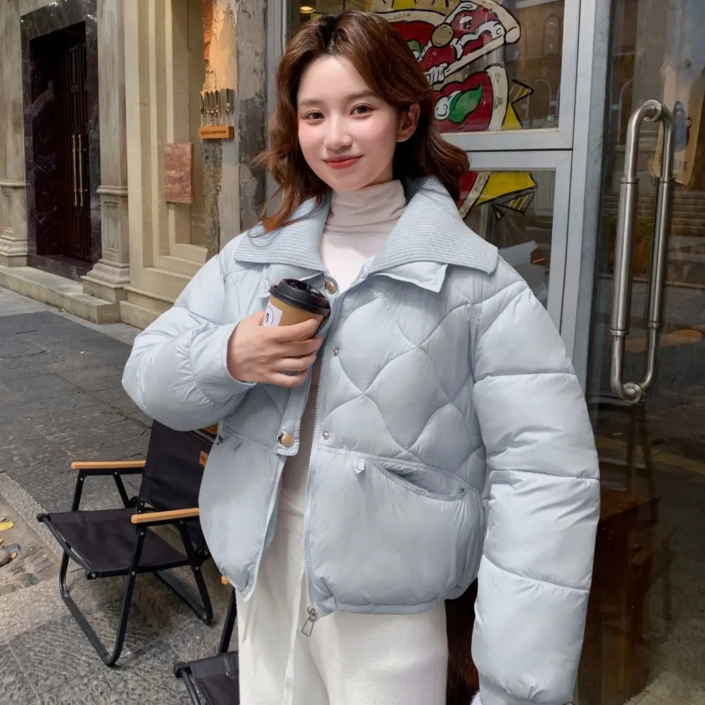 

Women's Knitted Collar Short Down Cotton Jacket Warm Cozy Winter Outerwear Loose Fit Korean Style New Arrival