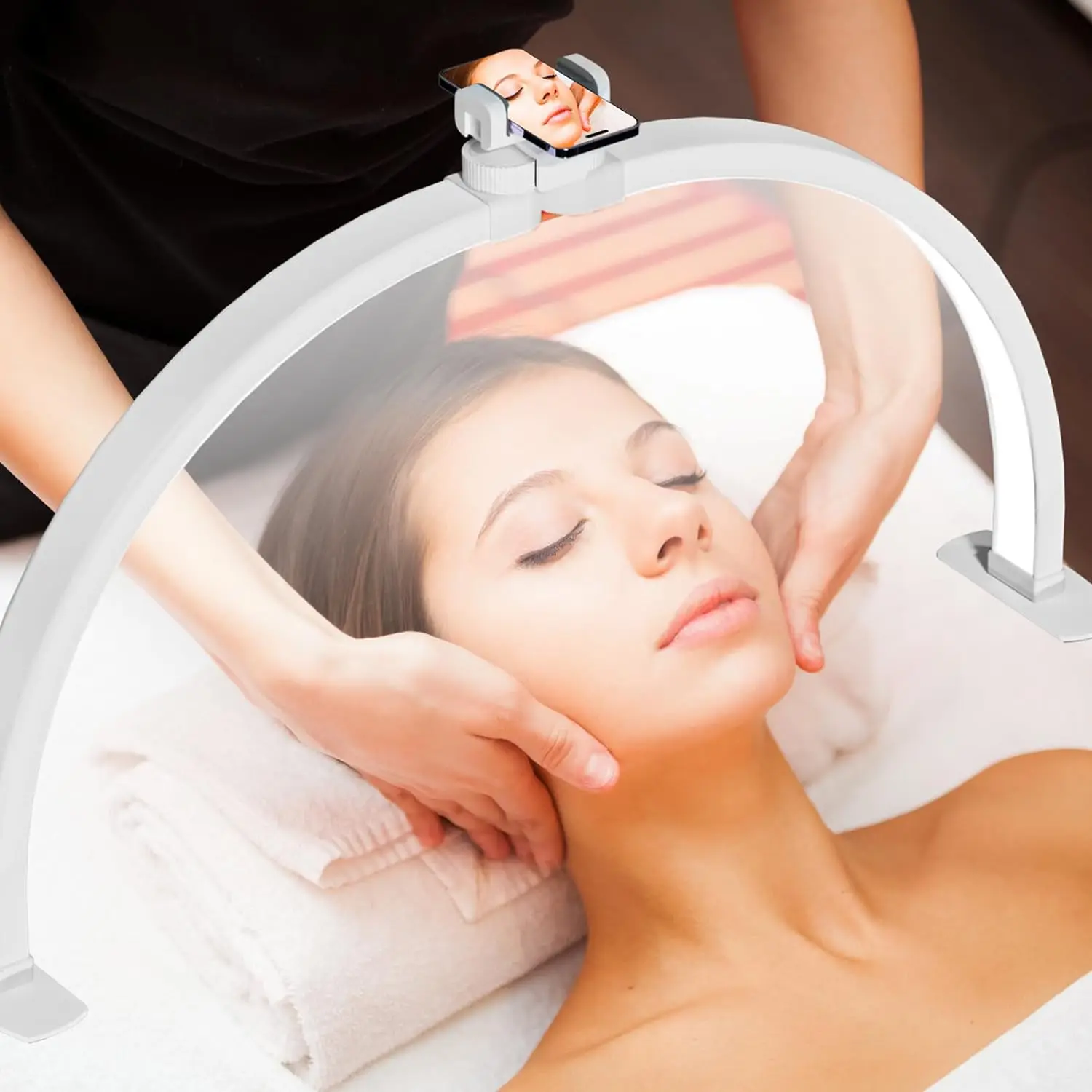 Lumière LED demi-lune pour Nail Tech, grand arc pliable de 23/29 pouces pour lampe de bureau à ongles avec support de téléphone pour Salon de manucure