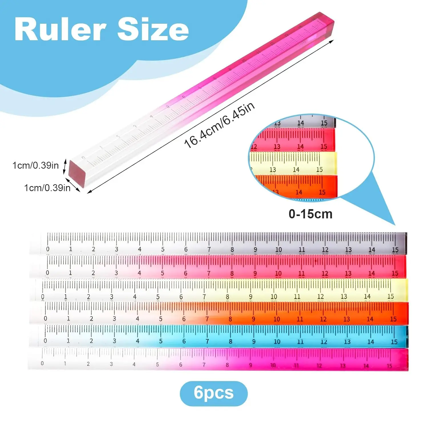 1pcs Colorful Clear Straight Ruler 15cm Four Edges Acrylic Transparent Gradient Lightweight Measuring Tools for Students F7795