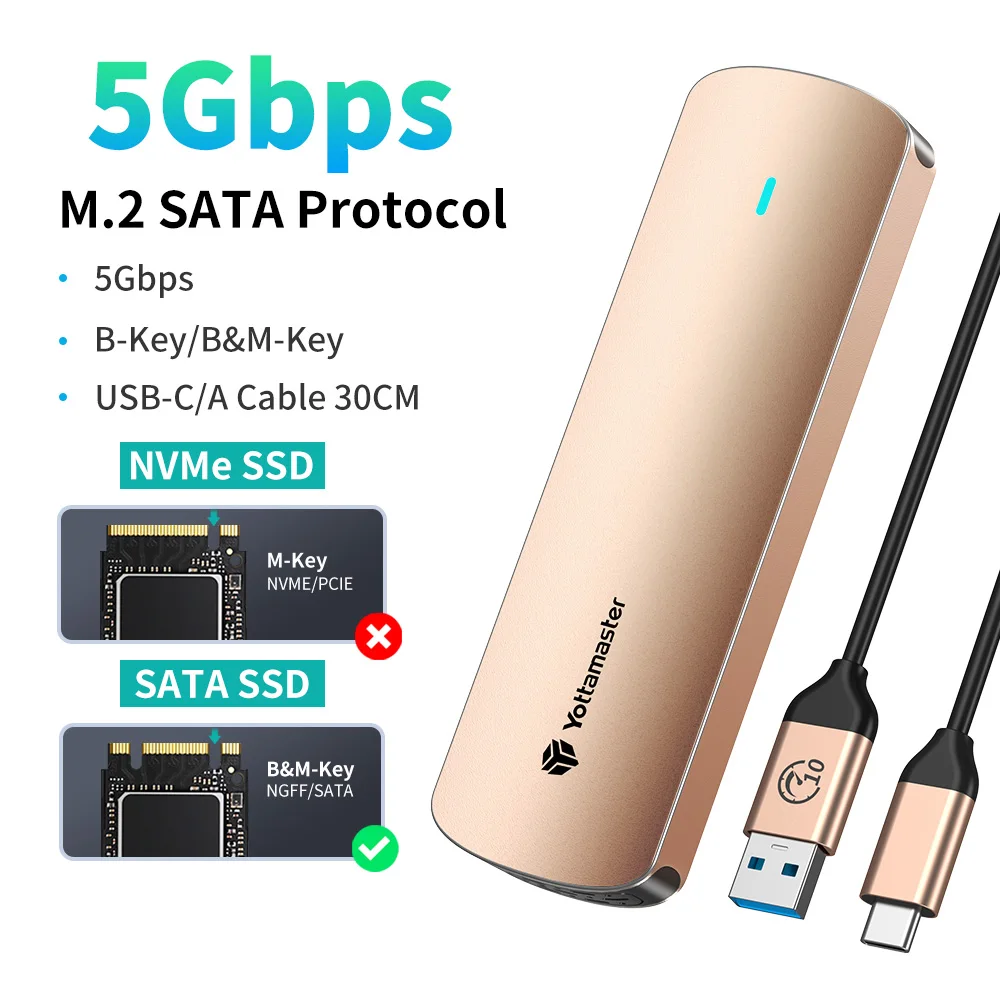NONE Yottamaster M2 SSD-Gehäuse Dual-Protokoll Festplattengehäuse 10Gbps NVME PCIE und 5Gbps SATA AHCI Externes Solid-State-Laufwerksgehäuse 6