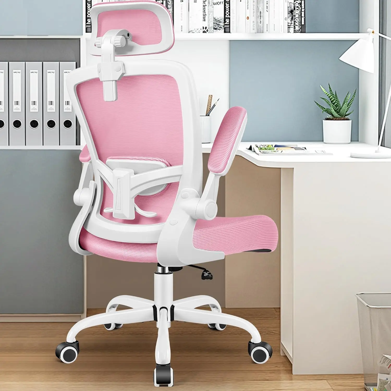 كرسي مكتب، كرسي ألعاب مريح بارتفاع قابل للتعديل مع دعم قطني، مسند ذراع عالي الظهر كرسي دوار للمكتب المنزلي باللون الوردي