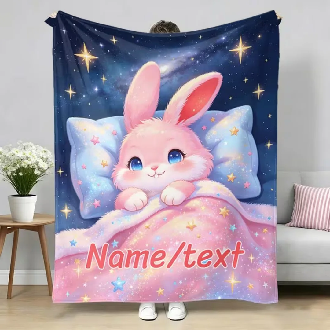 Personalized Custom Name Text Pink Rabbit Flannel Blanket, Soft Warm All‑Season Throw Blanket for Sofa Bed Travel Camping Office