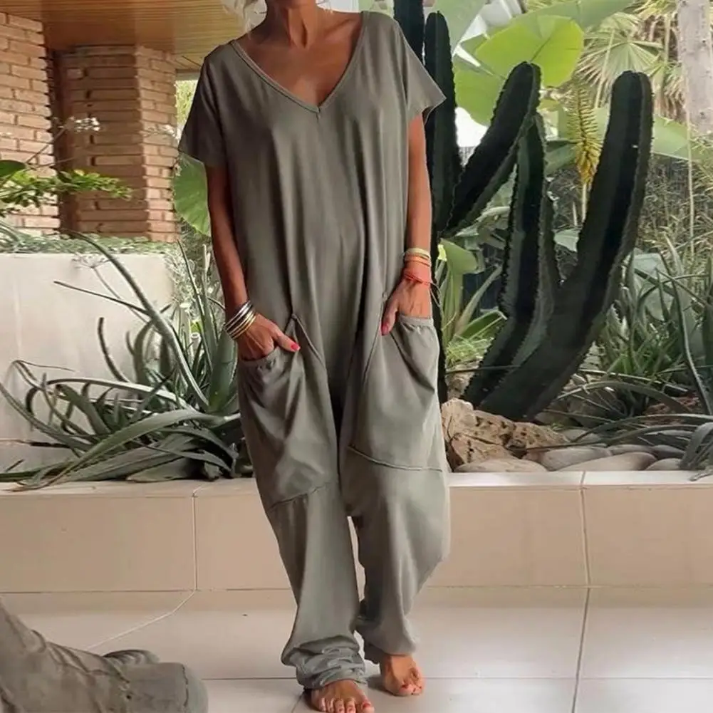 Vrouwen Jumpsuit V-Hals Zomer Effen Kleur Wijde Pijpen Broek Bib Zakken Overalls Casual Losse Mouwloze Katoenen Linnen Jumpsuits