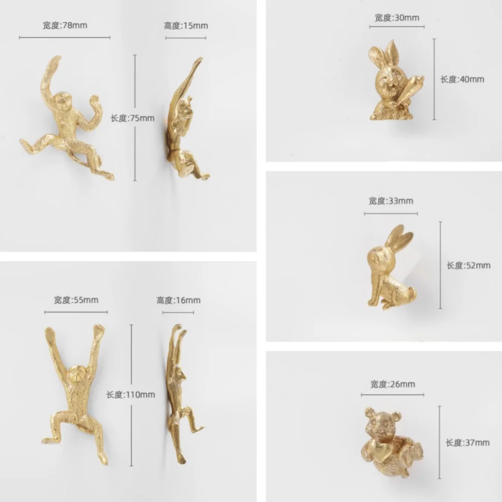 Full Copper Furnitue Handle Single Hole Drawer Door Knob Gold Monkey Rabbit Shape Wardrobe Cupboard Cabinet Door Handles Pulls