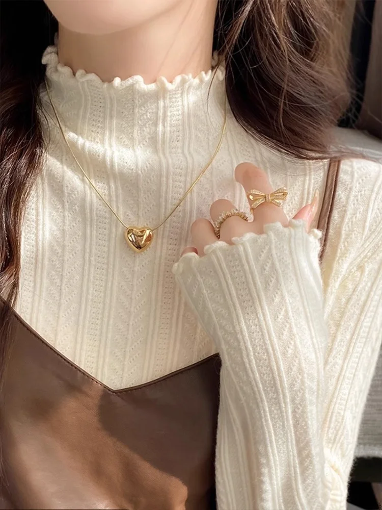 

Spring New Faion Long Sve Women's Knit irt Earlobe Base White f Knitted High Collar Top Sweater Commute Sle Slim Fit