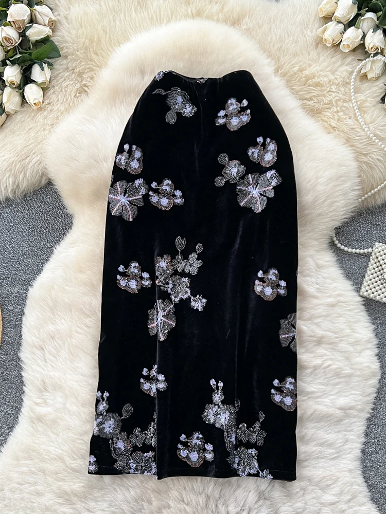 Ele الثقيلة التطريز الترتر المخملية عالية الخصر المرأة تنورة Ci تخفيف ألف خط صورة ظلية الوقوف صالح الصيف تنورة #1