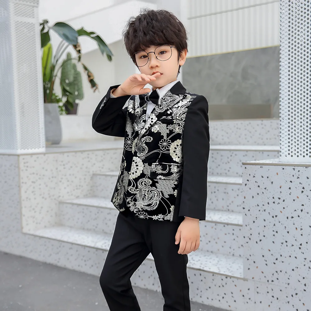 Children Formal Dress Kids Flower Jacket Pants Bowtie 3PCS  Piano Costume Boys Bronzing Show Host Handsome Photography Suit