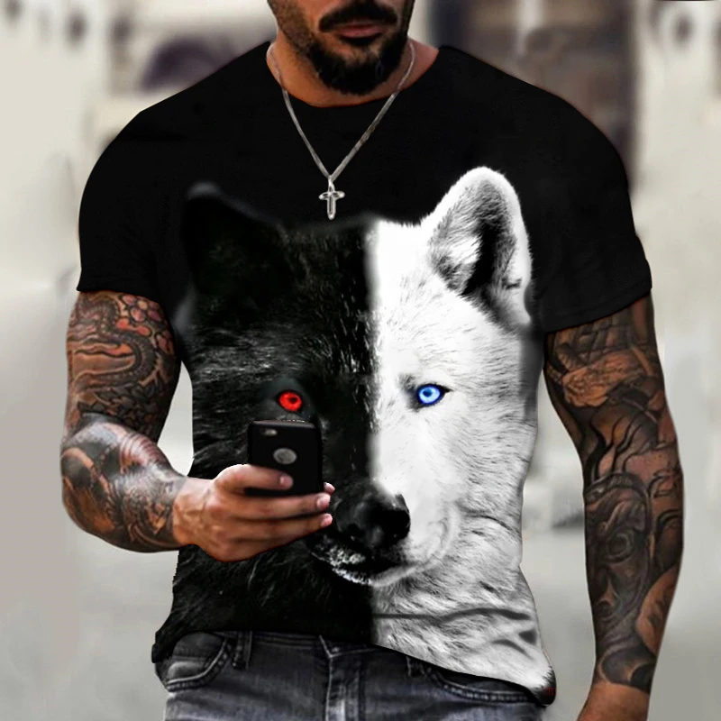 Fashion Men\'s Round Neck Short Sleeve T-shirt 3D Printed Colorful Hidden Wolf Tee Men\'s Casual Sport Short Sleeve Streetwear Top